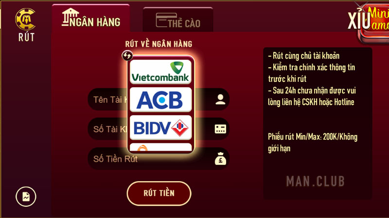 Hướng dẫn rút tiền Manclub qua tài khoản ngân hàng